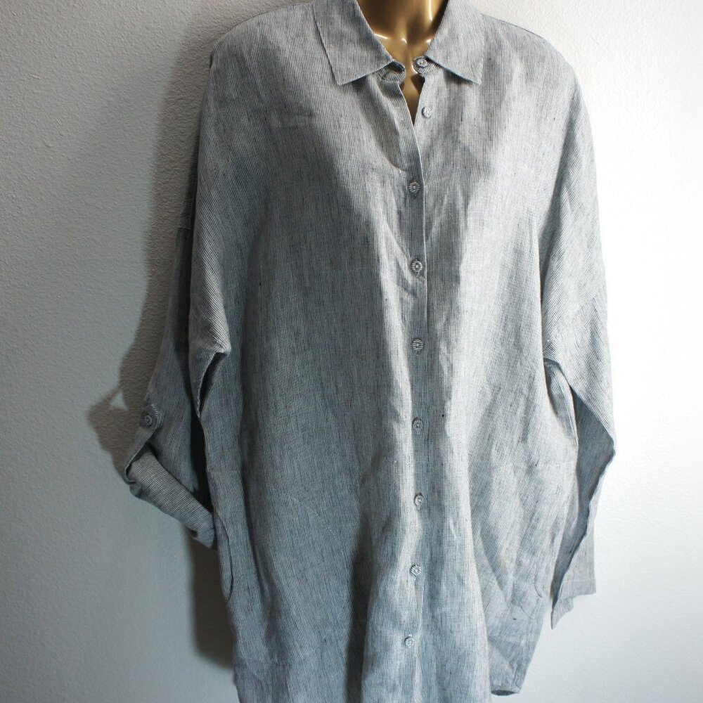 Chicos linen Pin Stripe stripe duster Tab sleeve blouse size 3